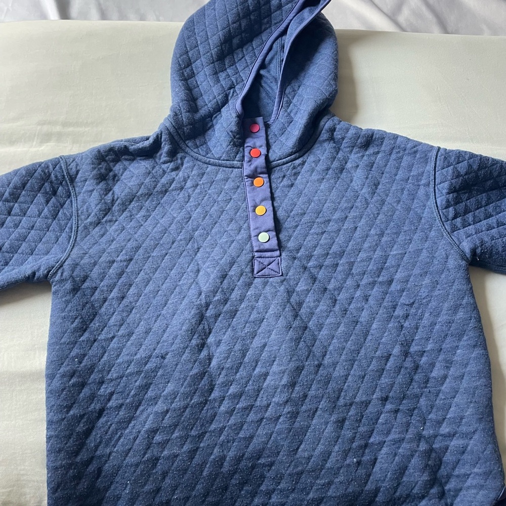 Marine Layer, Quilted Blue Hoodie with Colorful Buttons